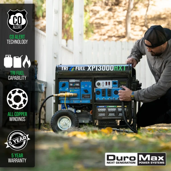 DuroMax XP13000HXT 13,000 Watt Electric Start Tri-Fuel Natural Gas/Propane/Gas Powered Portable Generator w/ CO Alert